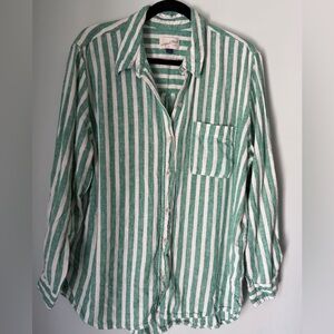 Universal Thread Green White Striped Linen Blend Button Down Oversized Beachy